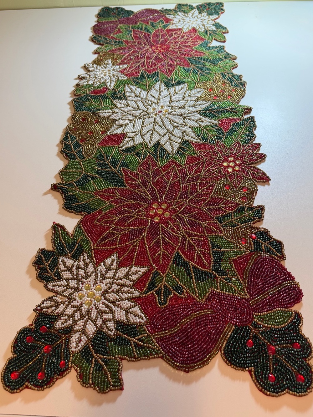 Luxury Handmade Beaded Christmas Table Runner Festive Poinsettia Floral Decor